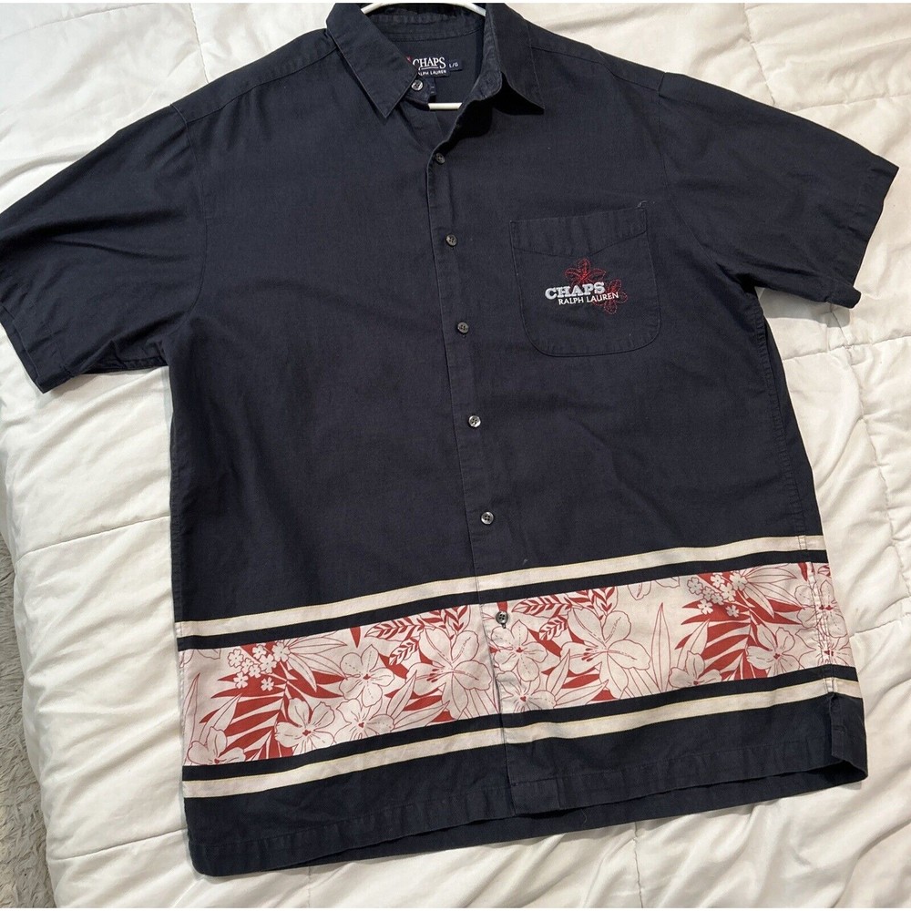 Vtg Ralph Lauren Chaps Mens Blue Button Up Sz L Hawaiian Shirt Floral Leaves